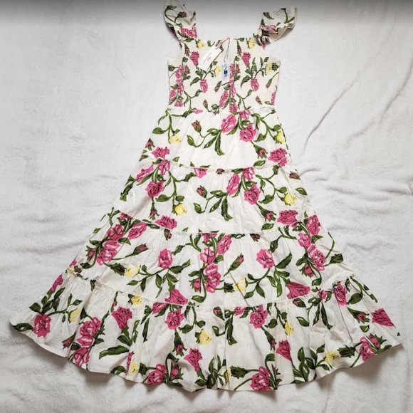 New S XL Vineyard Vines Kentucky Derby flutter sleeve smocked floral midi dress